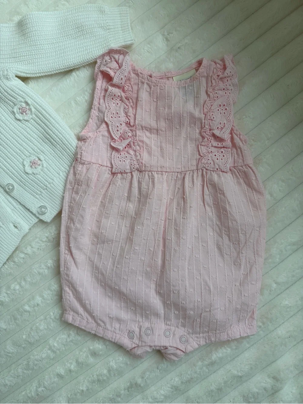 First Impressions White Crochet Cardigan & Pink Eyelet Romper